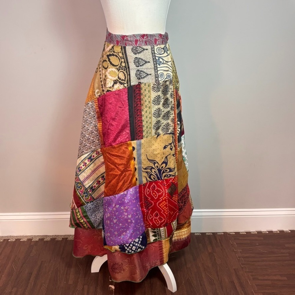 Handmade Womens Patchwork Silk Blend Wrap Tie Maxi Skirt One size Unique Boho